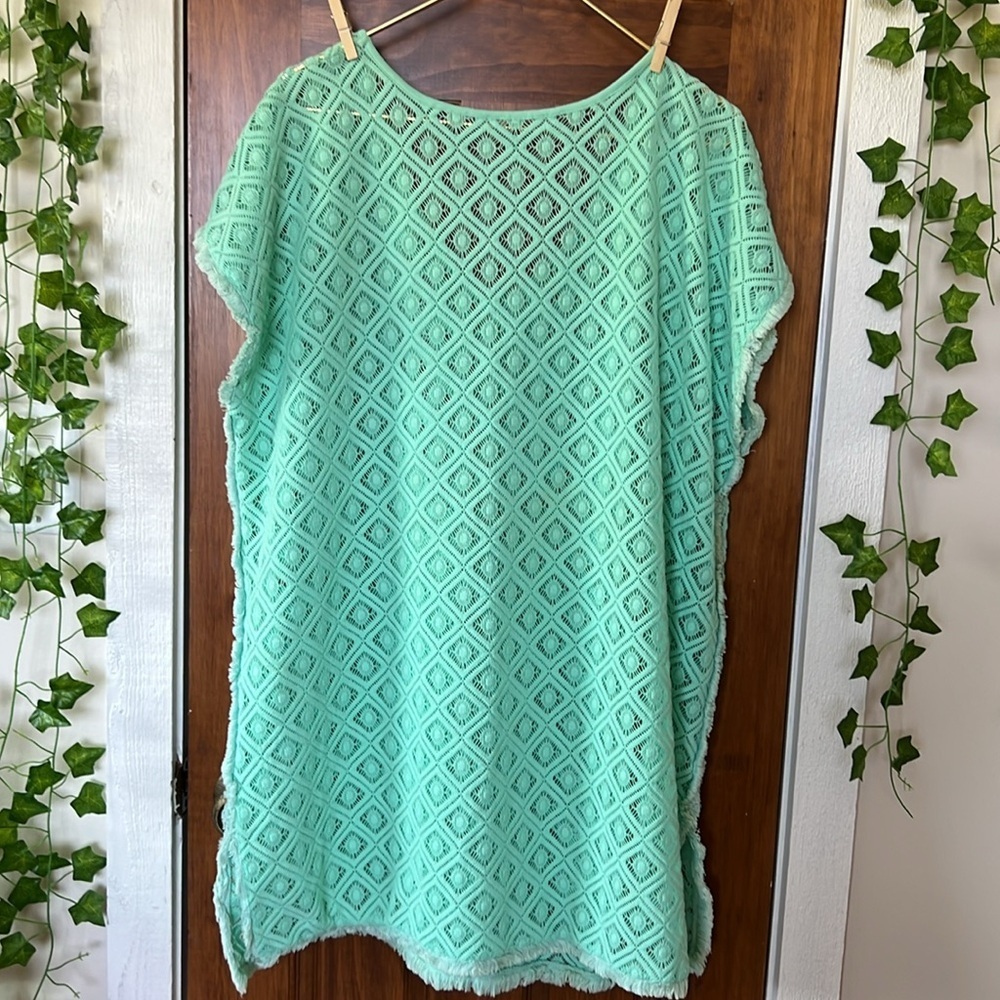 Fringed Crochet Swim Beach Cover Tunic Pastel Mint Green | XL - Picture 2 of 8